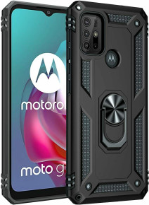 Луксозен силиконов гръб с твърда част Hybrid Anti-Fall с метална ринг стойка за Motorola Moto G10 XT2127-2 / Motorola Moto G30 XT2129-2 черен 